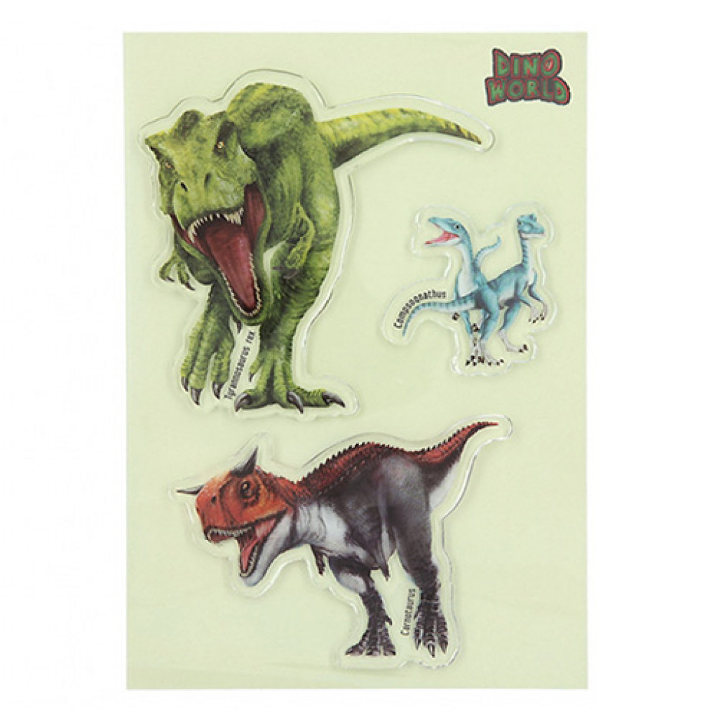 Dino World ASST | Gelové samolepky Glibbies - Tyrannosaurus rex, Compsoqnathus, Carnotaurus, 3ks